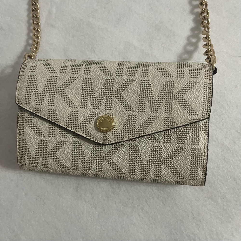 Michael Kors Cream Crossbody Wallet with Gold Chain